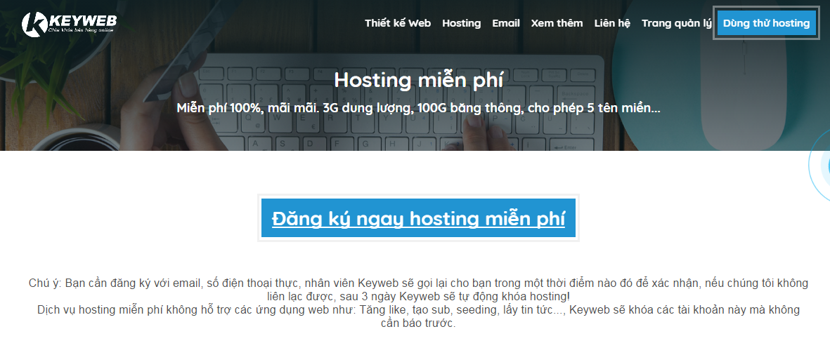 đăng ký Hosting miễn phí Việt Nam tại Keyweb.vn